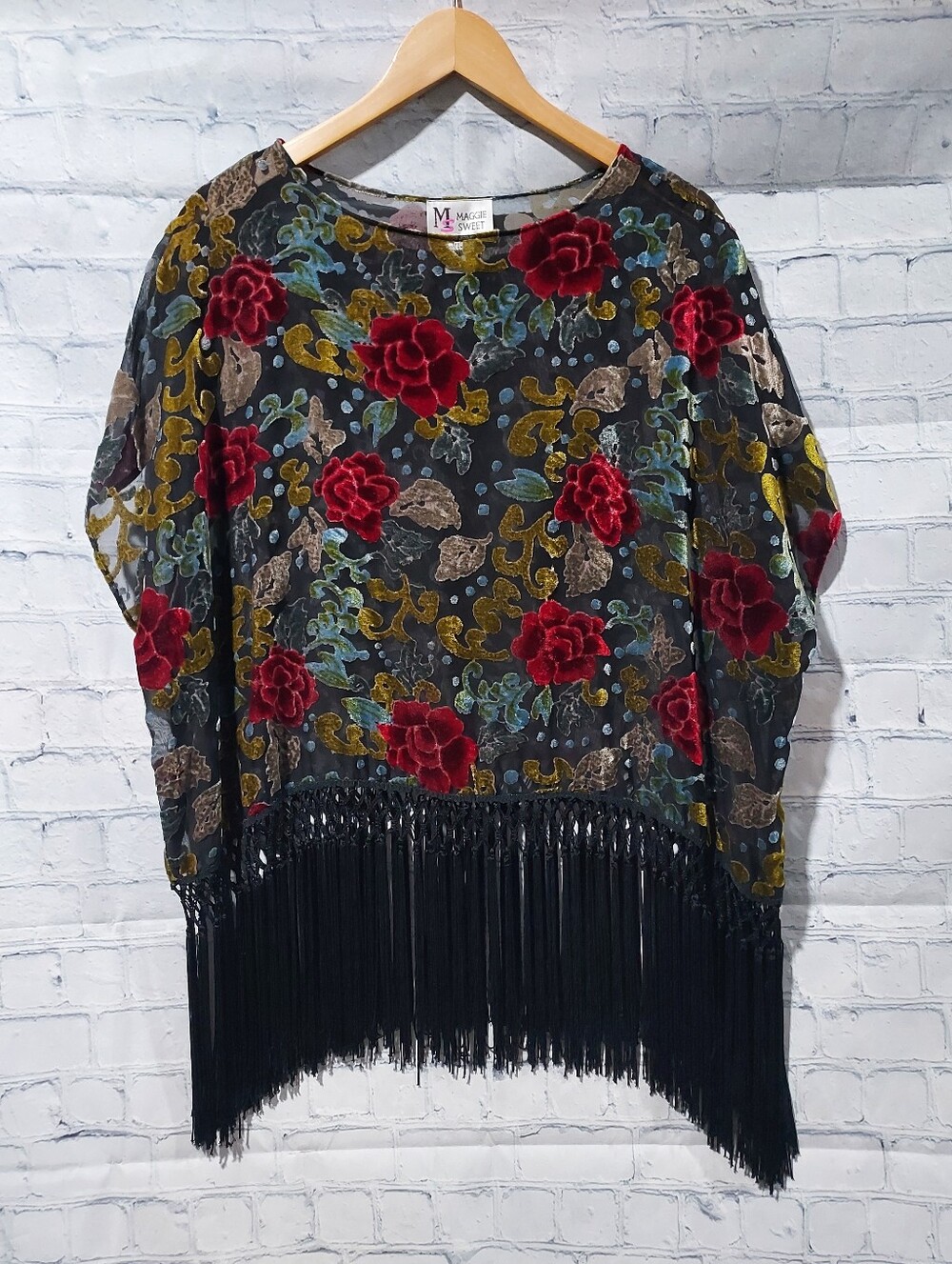 Velvet Floral Burnout L Top Womens Fringe Hem Whimsigoth Gothic Festival Fairy